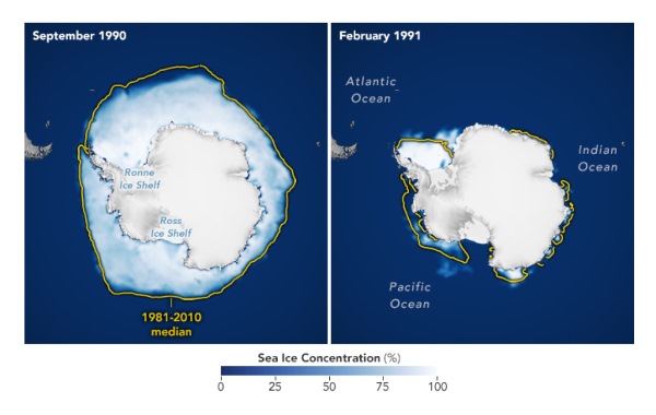 Meereisausdehnung Antarktis: Winter und Sommer 1990/91