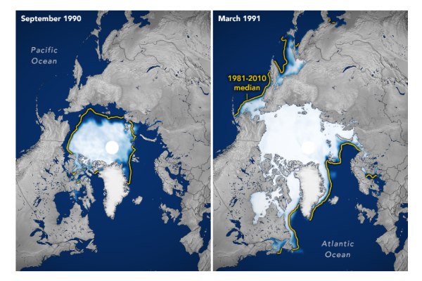 Meereisausdehnung Arktis: Sommer und Winter 1990/91
