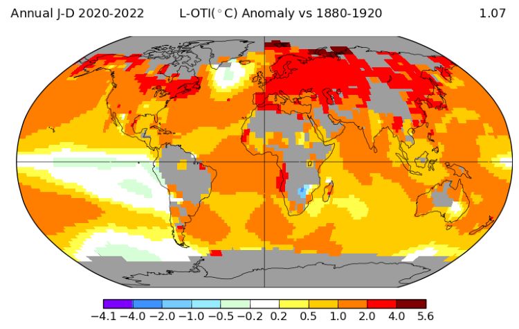 Globale Erwärmung: Karte der Temperaturabweichungen für die Jahre 2020 bis 2022 im Vergleich zum Mittel für den Zeitraum von 1880 bis 1920