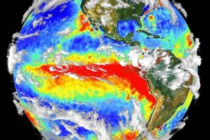 El Niño 1997: Oberflächentemperatur im Pazifik und Atlantik