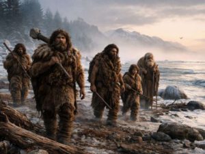 Gruppe von Neandertalern auf einer Wanderung