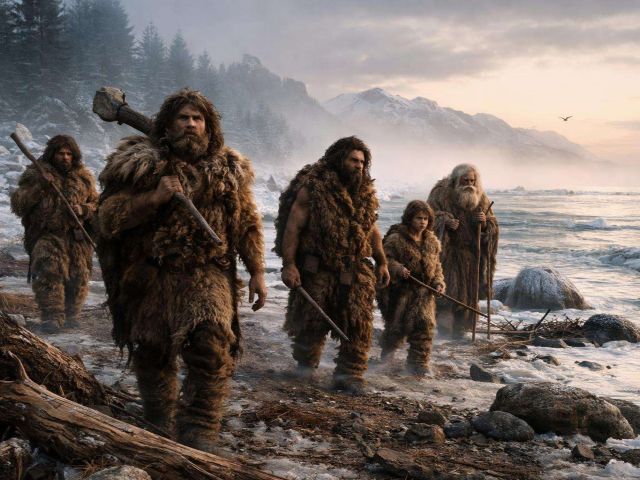 Gruppe von Neandertalern auf einer Wanderung